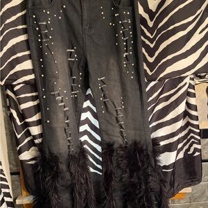 Black Jeans with Feather and Pearl Details